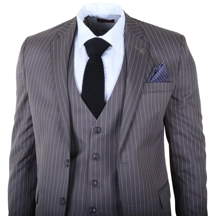 Men's grey pinstripe suit with tailored blazer, matching vest, and trousers, paired with a white dress shirt, black knit tie, and blue polka dot pocket square, ideal for formal business occasions - SKU: IM44_suit_Grey_34