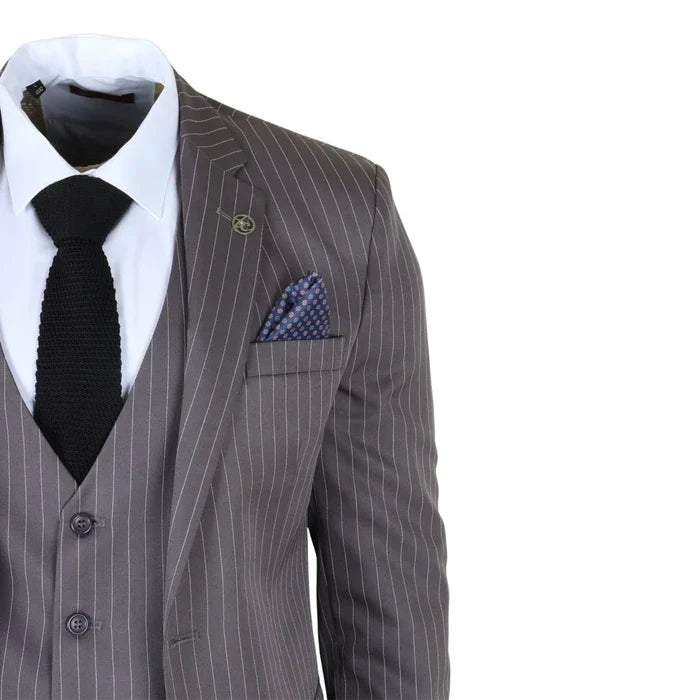 Men's grey pinstripe suit featuring a tailored blazer with notch lapels, matching vest and trousers, white dress shirt, black knit tie, and blue patterned pocket square for formal business wear - SKU: IM44_suit_Grey_34