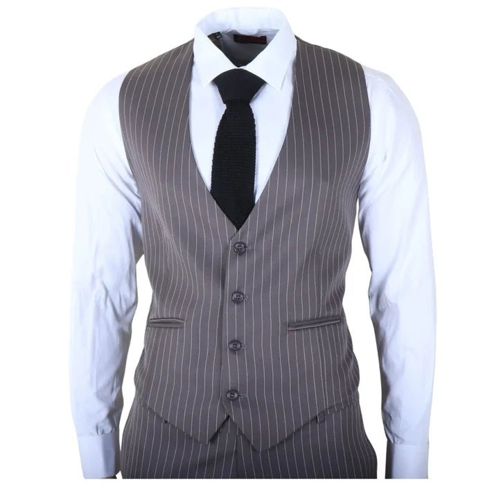 Men's grey pinstripe 3 piece suit with tailored blazer, vest, and trousers, paired with a white shirt and black knit tie, formal business wear.