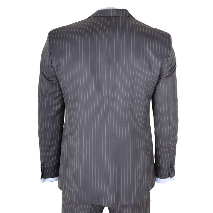 Back view of men's grey pinstripe 3 piece suit featuring a structured blazer with pinstripes, matching vest, and trousers, ideal for professional settings.