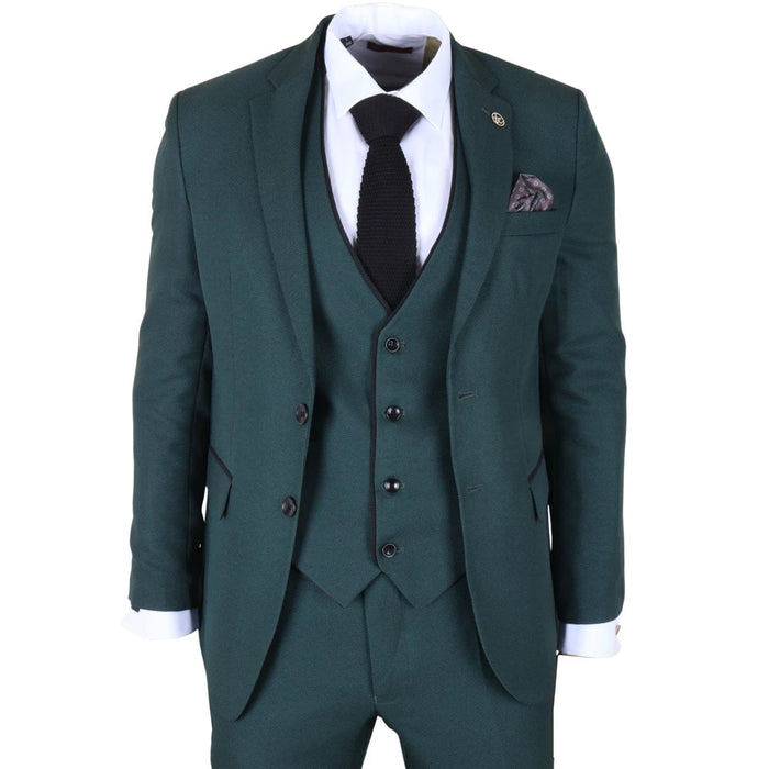 Men's green tailored fit suit with structured blazer, matching vest, and tapered trousers, featuring black trim and a white shirt with black tie, SKU: IM46_suit_Green_34
