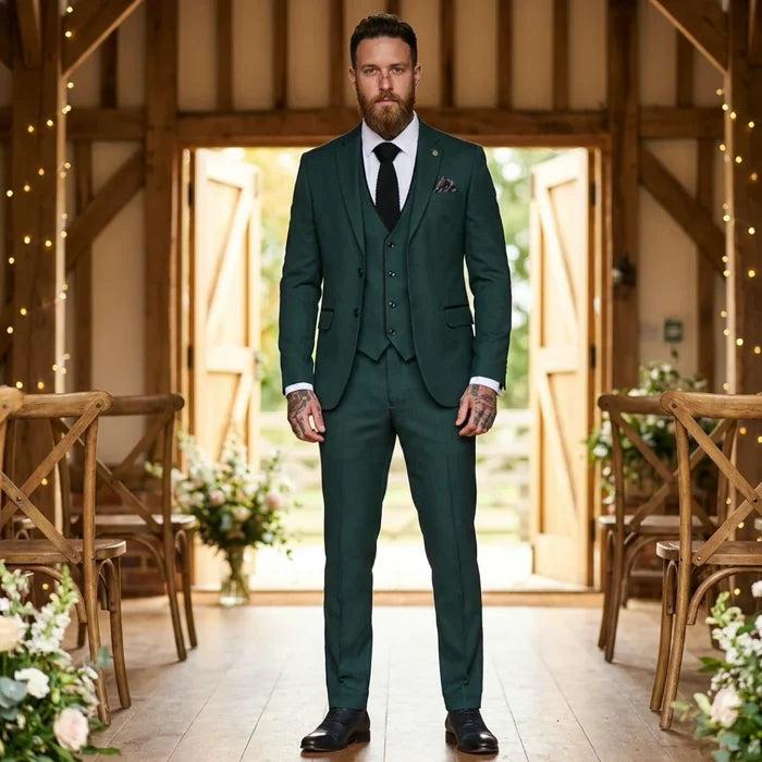 Men's dark green tailored fit suit with structured blazer, matching vest, and tapered trousers, styled for formal occasions, SKU: IM46_suit_Green_34