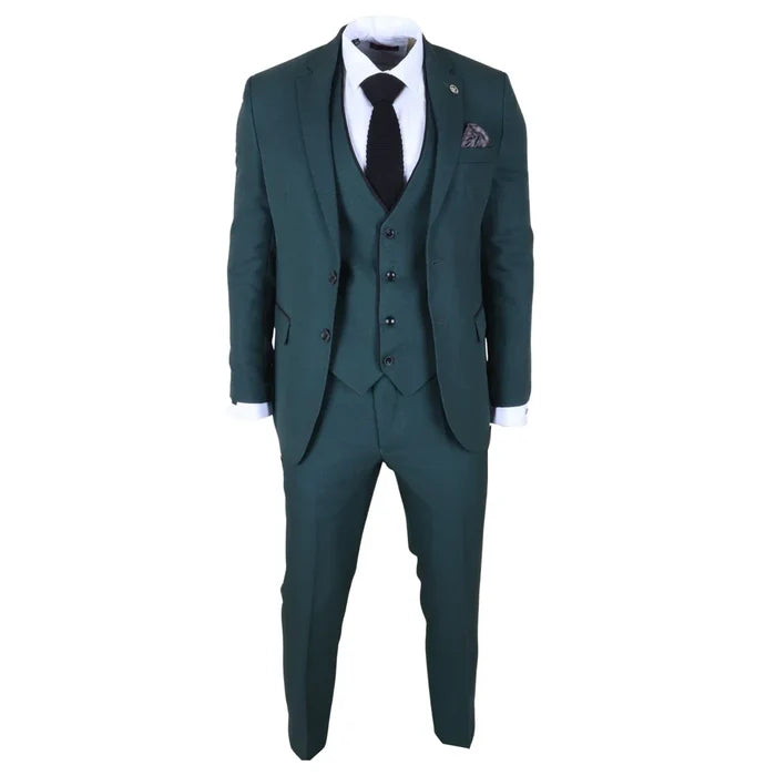Close-up of men's green tailored fit suit blazer with black trim, white shirt, black knit tie, and patterned pocket square, SKU: IM46_suit_Green_34
