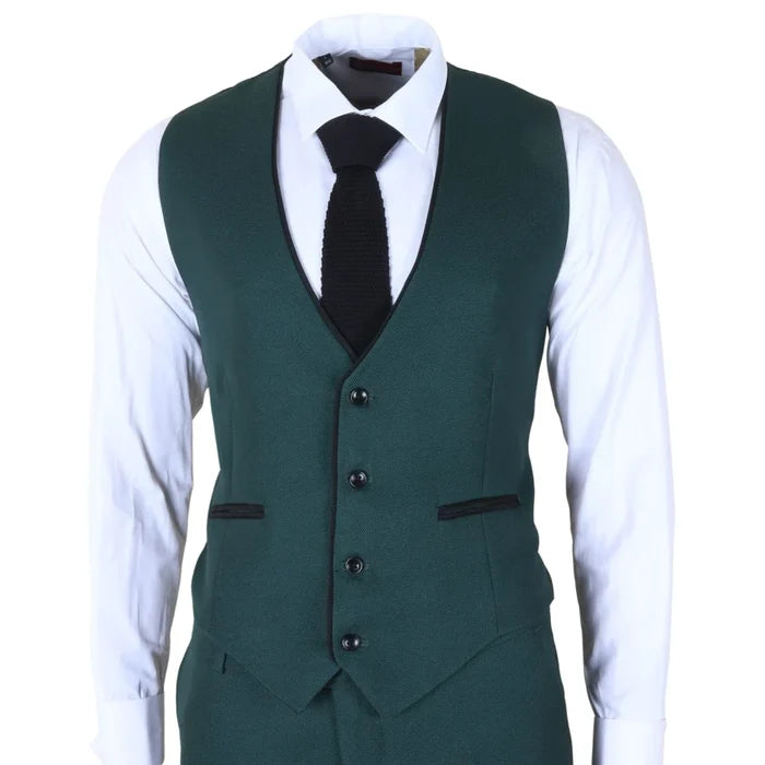 Men's green tailored fit 3-piece suit with structured blazer, matching vest, and tapered trousers, paired with a white shirt and black tie