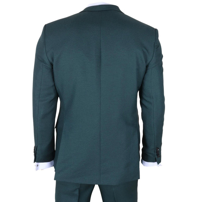 Back view of men's green tailored fit 3-piece suit showing the structured blazer with dark buttons and fitted silhouette