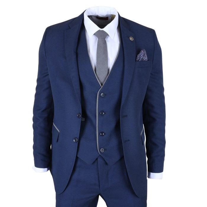Men's navy blue tailored fit suit with structured blazer, matching vest, white shirt, grey tie, and patterned pocket square, SKU: IM49_suit_Blue_34