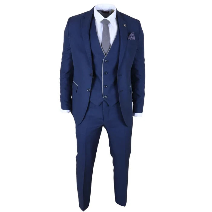 Close-up of a navy blue tailored fit suit with a textured fabric, white shirt, grey tie, and patterned pocket square, SKU: IM49_suit_Blue_34