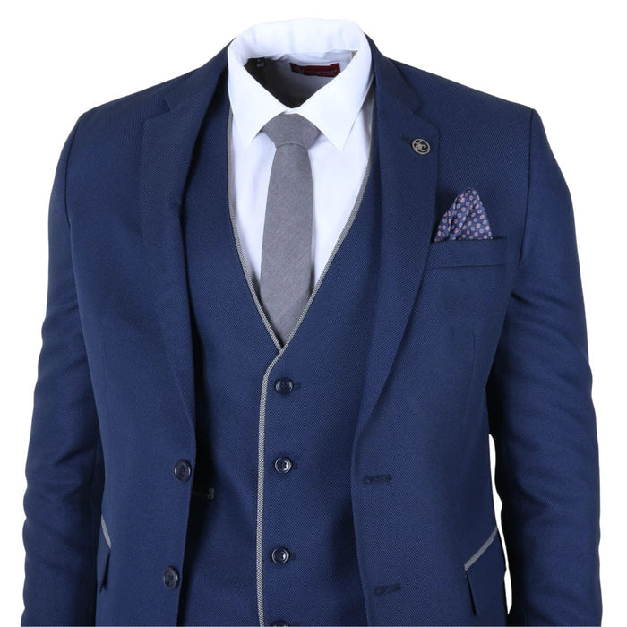 Navy blue men's 3 piece tailored fit suit with subtle textured fabric, white dress shirt, grey tie, and matching pocket square, ideal for formal occasions - SKU: IM49_suit_Blue_34
