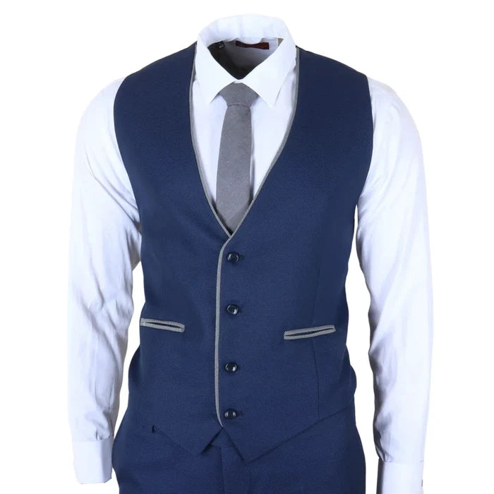 Men's navy blue tailored fit 3-piece suit with a structured vest, white dress shirt, and gray tie, ideal for formal occasions