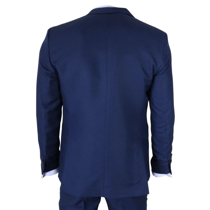 Back view of men's navy blue tailored fit 3-piece suit with a fitted blazer, showing smooth fabric and classic cut