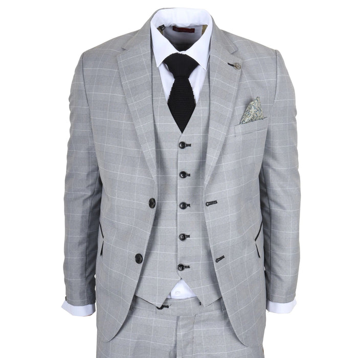 Men's grey check tailored fit suit with structured blazer, white dress shirt, black knitted tie, and patterned pocket square, SKU: IM53_suit_Grey_34