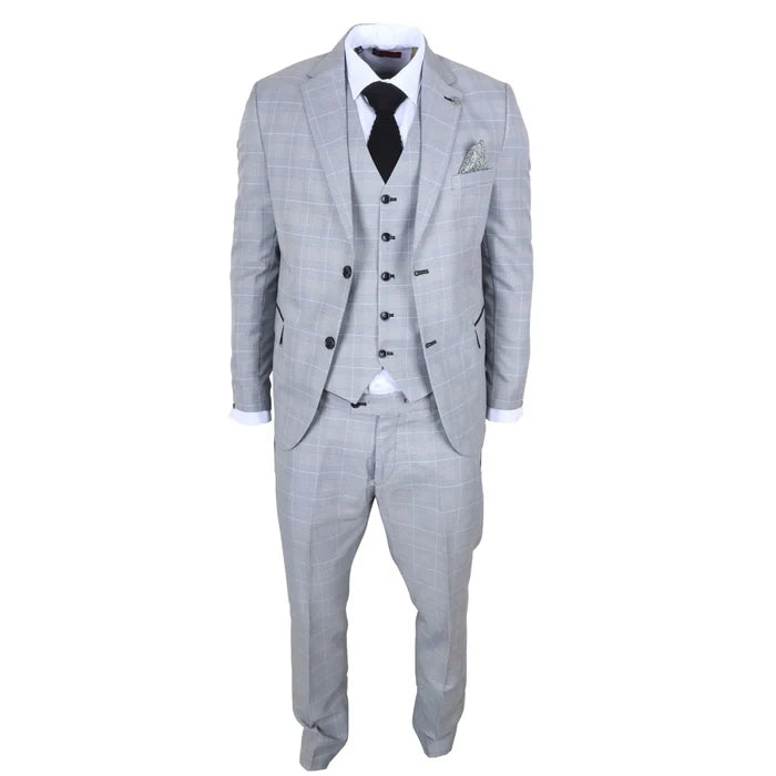 Close-up of men's grey check blazer with notch lapel, silver lapel pin, and patterned pocket square, SKU: IM53_suit_Grey_34