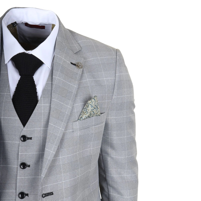 Men's grey check tailored fit suit jacket with notch lapel, black buttons, and a patterned pocket square, made of lightweight fabric for formal occasions