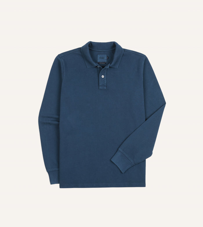 Indigo Dyed Cotton Jersey Long-Sleeve Polo Shirt