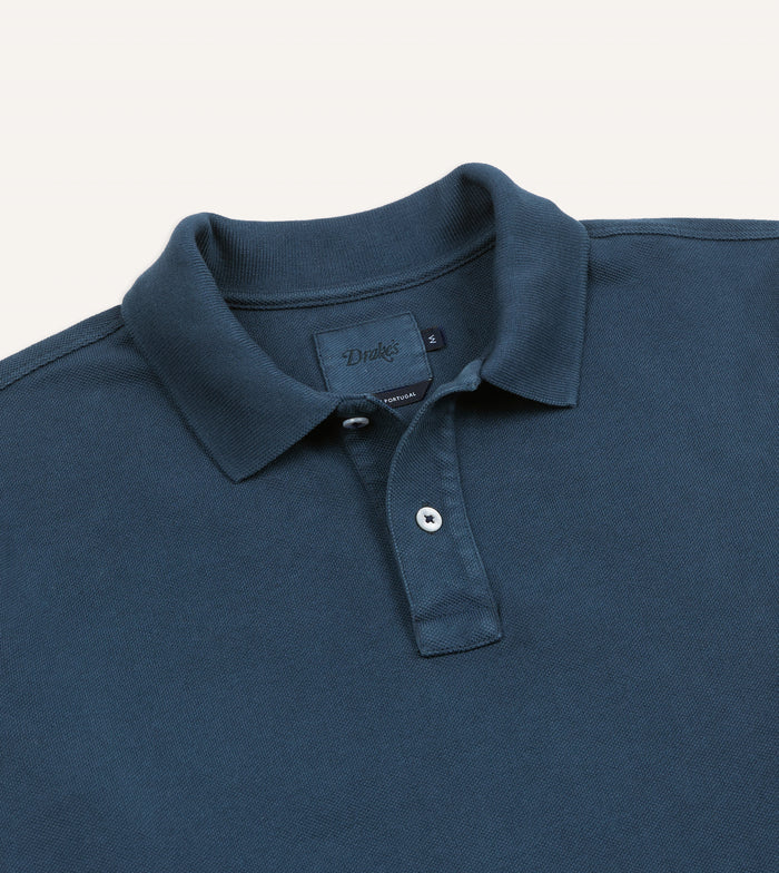 Indigo Dyed Cotton Jersey Long-Sleeve Polo Shirt