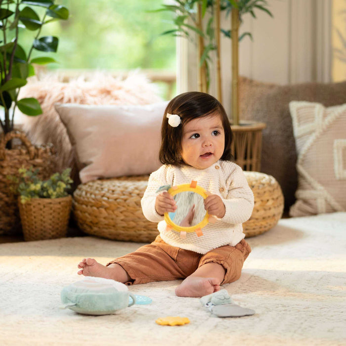 Ingenuity Calm Springs Soothing Essentials Gift Set with musical plush toy, elephant teething mitt, sun mirror, and teethers for newborns