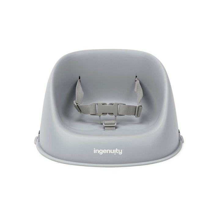Grey Ingenuity My Spot Easy-Clean baby booster seat with 3-point harness attached to dining chair