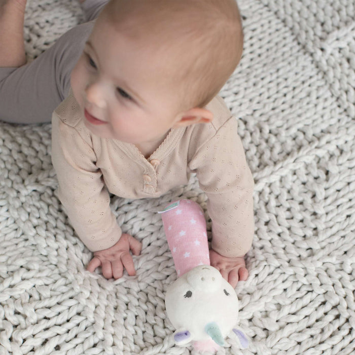 Ingenuity Premium Soft Plush Shimmy the Unicorn handheld baby rattle with soft fabrics and gentle rattle sound
