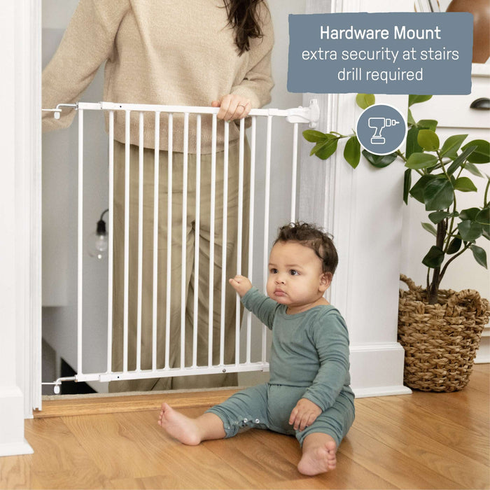 Summer by Ingenuity white metal safety gate for stairs and doorways, 28" tall, fits 28-42" openings, easy one-hand operation with locking indicator and no-threshold design