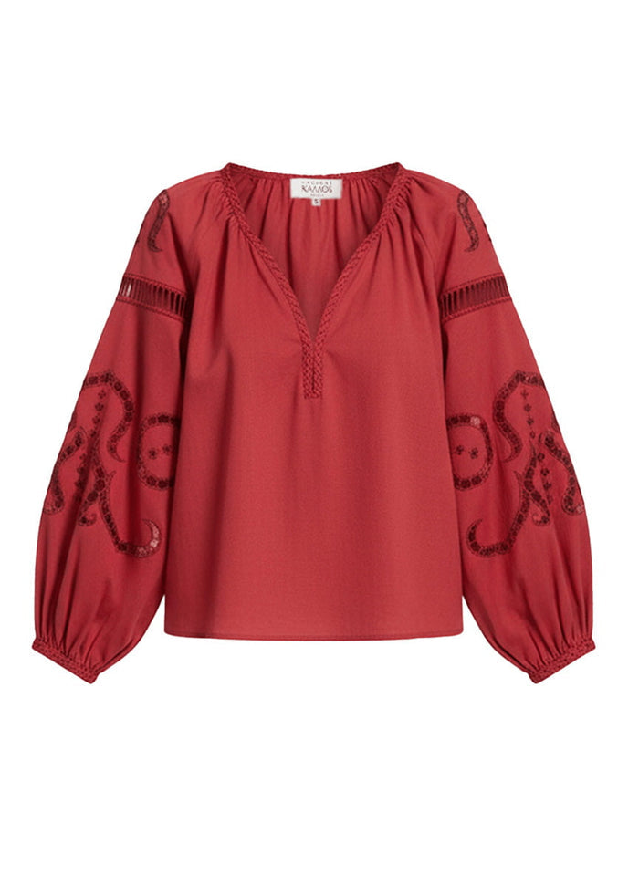 Tops Ancient Kallos Iphigenia Cut Embroidered Long Sleeve Top Rasberry Apoella