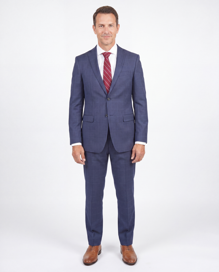 John Varvatos Mens Slim Fit Navy Blue Plaid Two Button Wool Suit - The Suit Depot