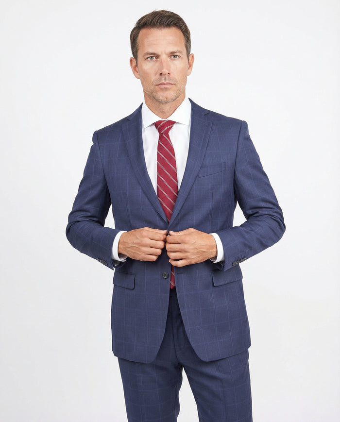 John Varvatos Mens Slim Fit Navy Blue Plaid Two Button Wool Suit - The Suit Depot