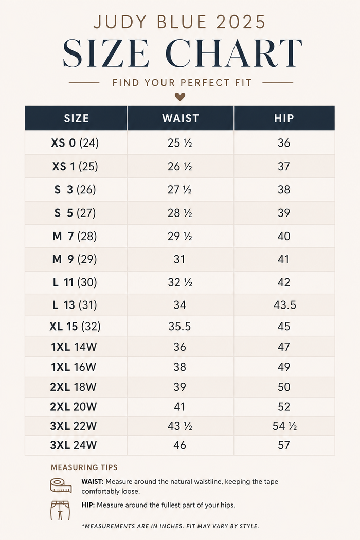 Judy Blue 2025 size chart for waist and hip measurements.