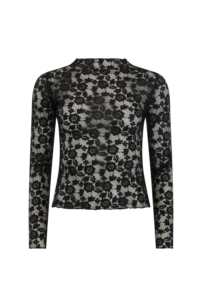 Juliette Lace Top in Onyx, front flat lay — black floral lace, high neck, long sleeve, fitted silhouette