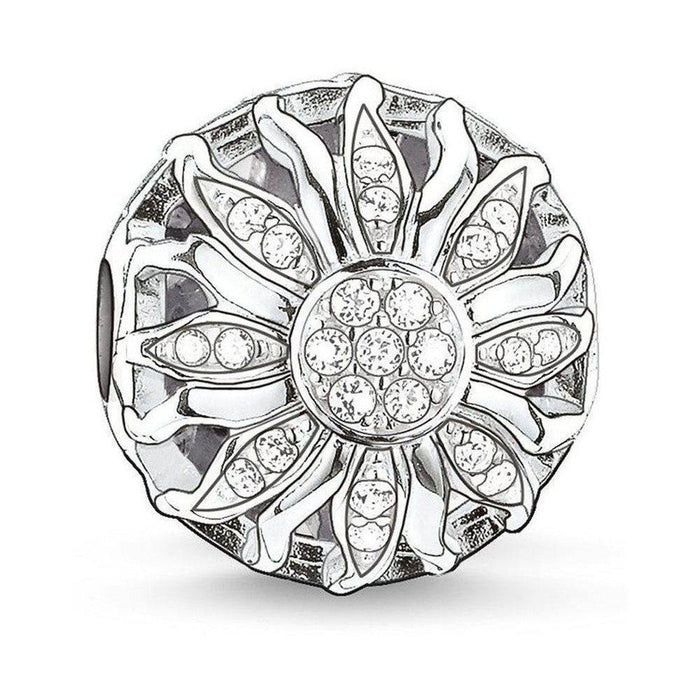 Karma Bead Sunshine: Silver charm featuring a sparkling cubic zirconia sunflower design.