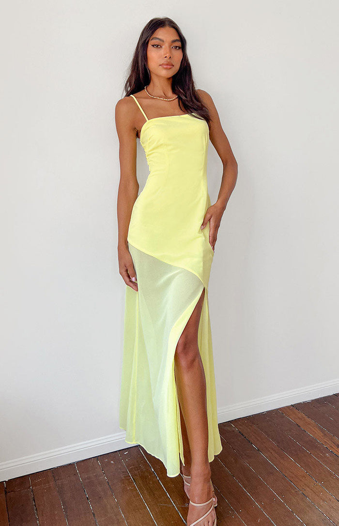 Beginning Boutique Karmic Yellow Chiffon Maxi Dress yellow straight neck thin strap fitted bodice flowy sheer skirt with high split