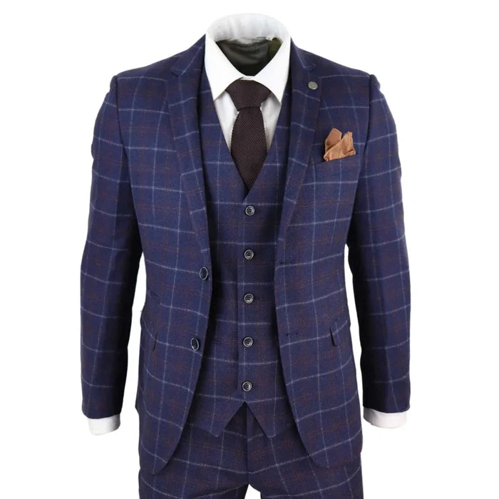 Men's 3 piece navy blue suit with checkered tweed pattern, includes blazer, waistcoat, trousers, brown pocket square, and white shirt