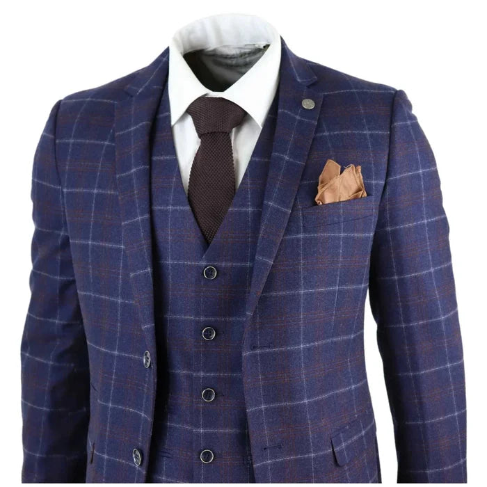 Men's 3 piece navy blue checkered suit with blazer, waistcoat, and trousers, paired with white shirt and dark brown tie for formal events
