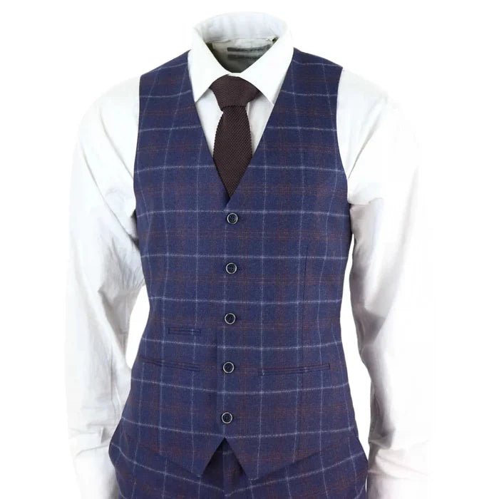 Men's blue check tweed vest with brown windowpane pattern, worn over a white dress shirt and dark brown tie, tailored for formal occasions.