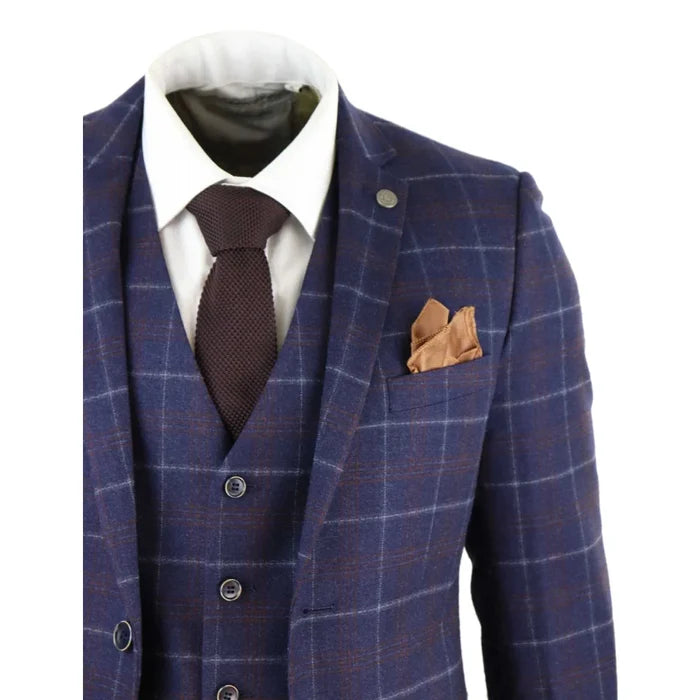 Men's navy blue checkered 3-piece suit with wool textured tweed fabric, white shirt, brown tie, and pocket square, front view