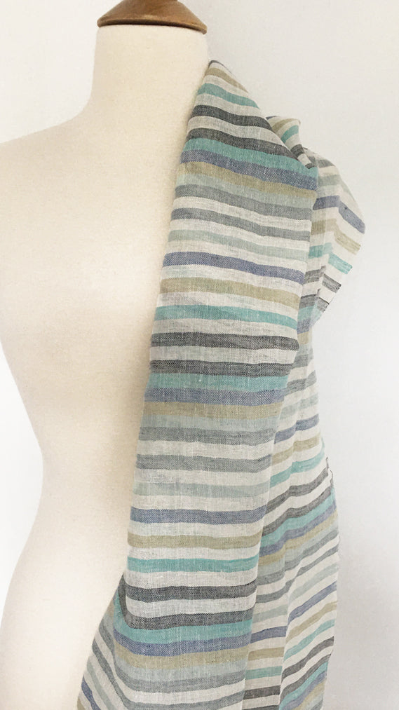 Linen Striped Stole w/Fringe - Multi Aqua