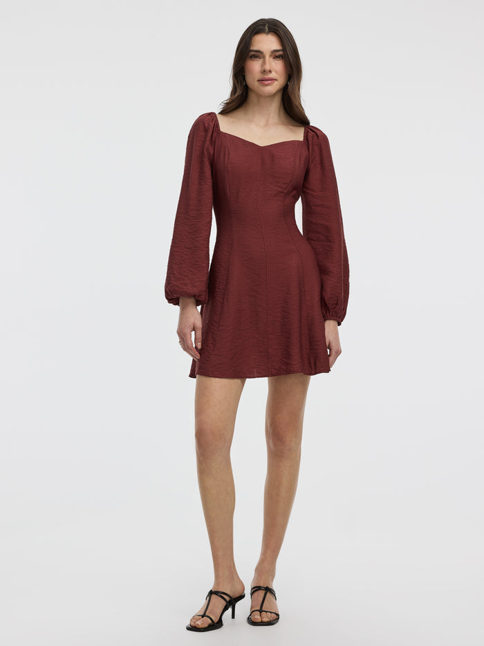 Long-Puffy-Sleeve Bustier Mini Dress with Sweetheart Neckline