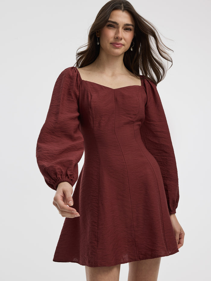 Long-Puffy-Sleeve Bustier Mini Dress with Sweetheart Neckline