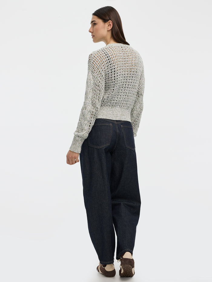 Long-Sleeve Crew-Neck Sweater with Open Stitches