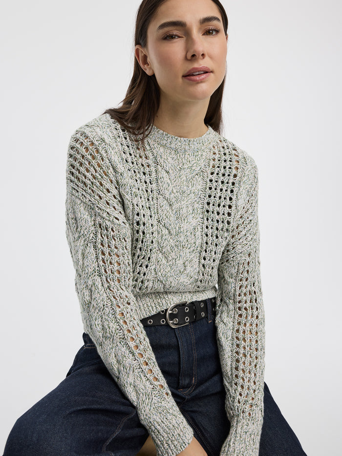 Long-Sleeve Crew-Neck Sweater with Open Stitches