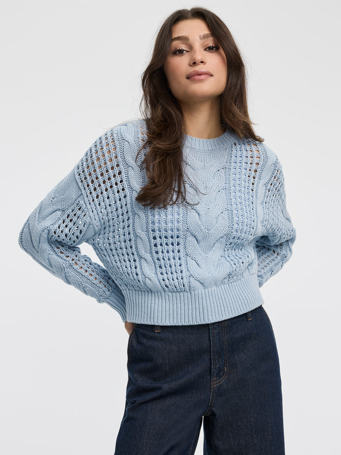 Long-Sleeve Crew-Neck Sweater with Open Stitches