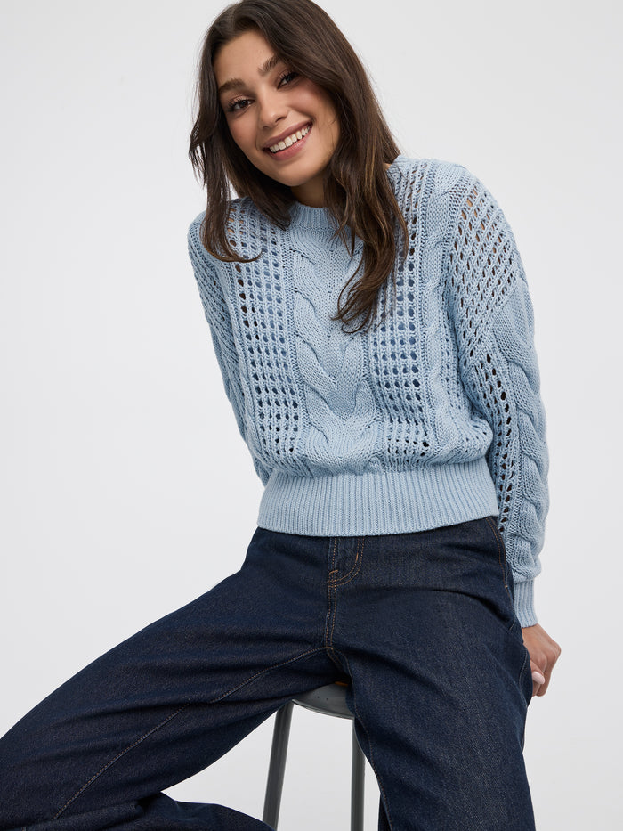 Long-Sleeve Crew-Neck Sweater with Open Stitches