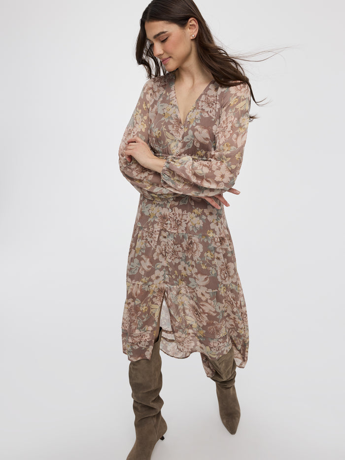 Long-Sleeve Maxi Tiered Dress