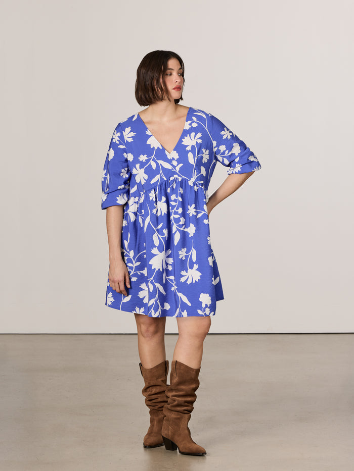Long-Sleeve V-Neck Empire-Cut Mini Dress