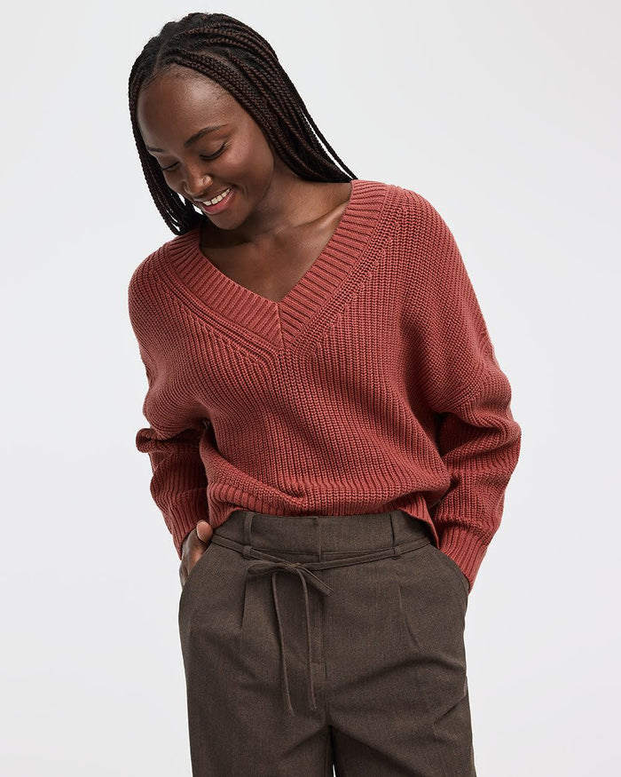 Long-Sleeve V-Neck Loose Sweater