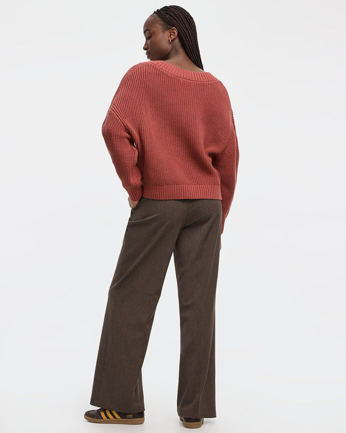 Long-Sleeve V-Neck Loose Sweater