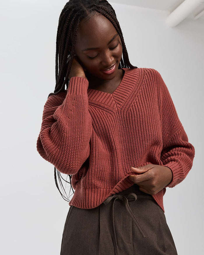 Long-Sleeve V-Neck Loose Sweater