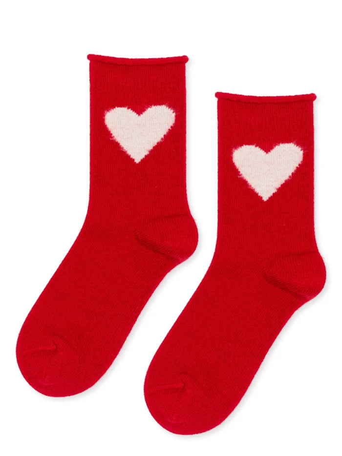 Love Cashmere Crew socks in Red — bold red cashmere crew with cream heart motif and roll top cuff, flat lay pair on white background