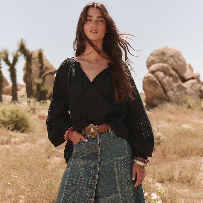 Spell women's Love in the Afternoon Lace Blouse in black with blouson sleeves and anglaise detail