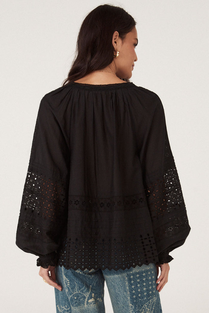 Back view of black blouse showing anglaise panels on blouson sleeves and scalloped hem on grey background