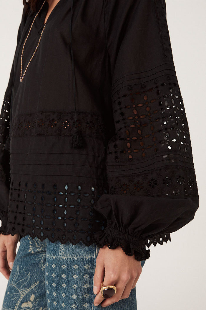 Close-up of black anglaise blouse sleeve showing schiffli broderie panels, pleat detail, and elasticated cuff with ball trim